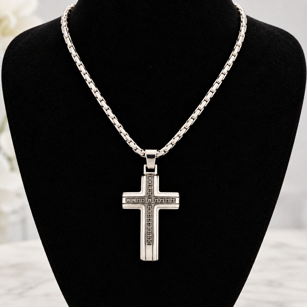 SHR Cross Necklace Mens 22in Stainless Steel Black Diamond 1/4CTW 43mm NWT